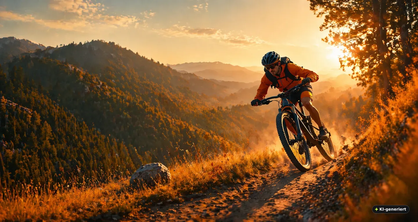 Mountainbiker auf einem Trail bei Sonnenuntergang